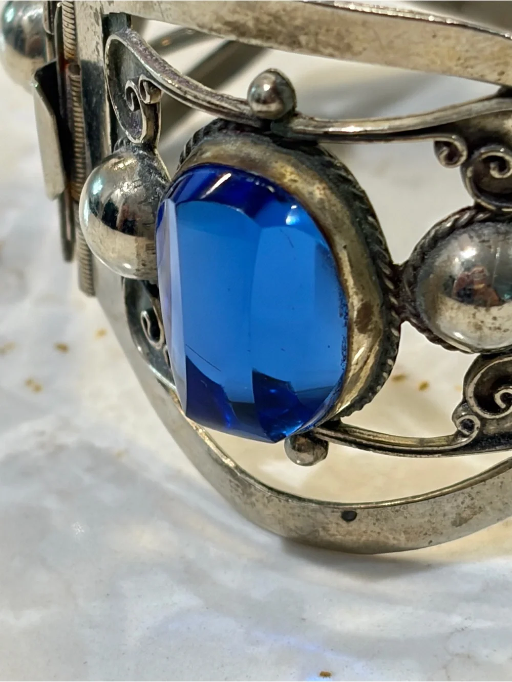 Vintage Taxco Mexico 925 Sterling Silver Blue Glass Panel Bracelet 1950s 42g